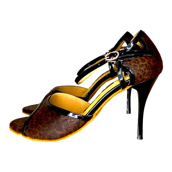 Natural Spin Tango Shoes - NaturalSpin Tango Diamanté Leopard Heels - Suede Dance Soles